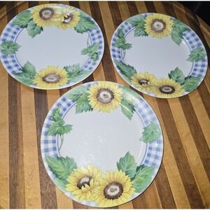 Corelle Sunsations (3) Salad or Bread Plates 7" Sunflowers Blue Checks